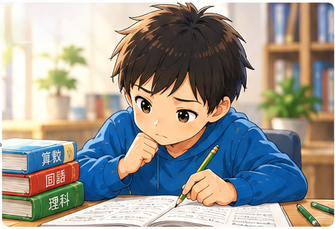 分からない問題に向き合い、自分で考えようとしている小学生のイラスト
