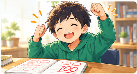 失敗から学び、もう一度挑戦して達成感を得る小学生のイラスト