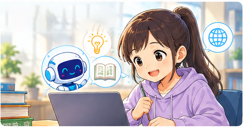AIを学習の道具として使い、自分で考えながら学ぶ中高生のイラスト